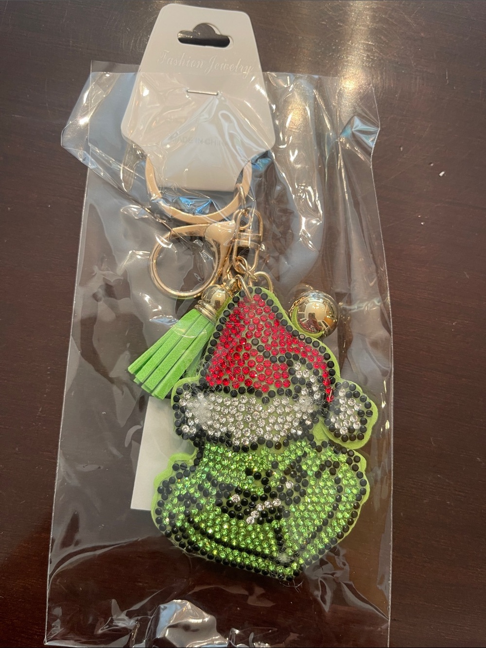 Rhinestone Grinch Keychain bag charm with Tassel - Green & Red nwt